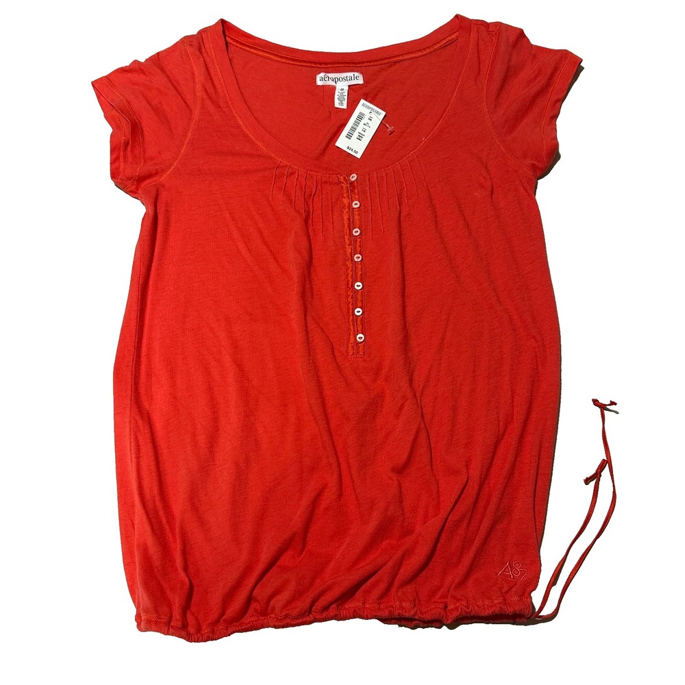 Aeropostale Womens Vibrant Orange Henley Bubble Hem Top NWT Size Medium Summer